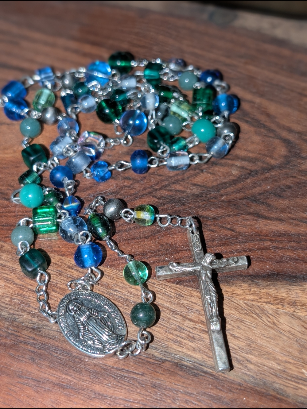 Handcrafted Blue & Green Glass Bead Rosary Necklace